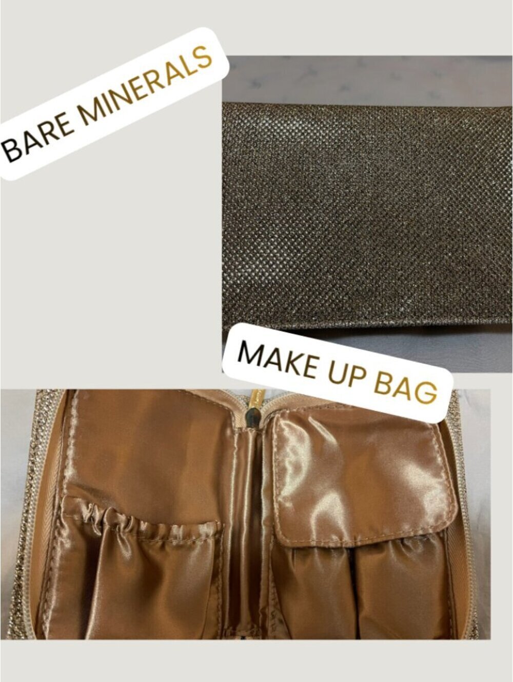 NWOT bareMinerals Gold Glitter Travel Makeup Organizer Bag